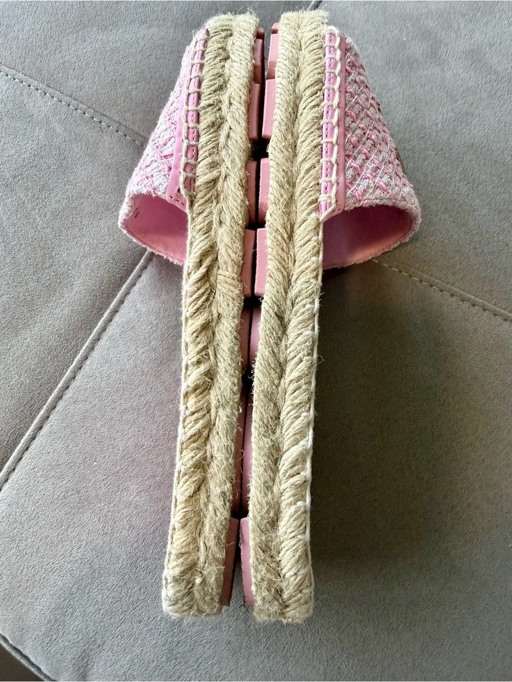 CHANEL Pink Tweed Slide Mules with Gold CC Emblem